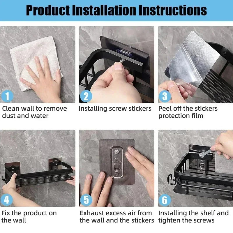 Aluminium Bathroom Corner Rack Shower Organiser Corner Shelf No-Drill Mounting