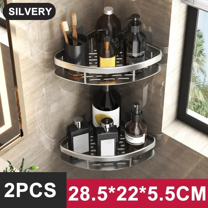 Aluminium Bathroom Corner Rack Shower Organiser Corner Shelf No-Drill Mounting