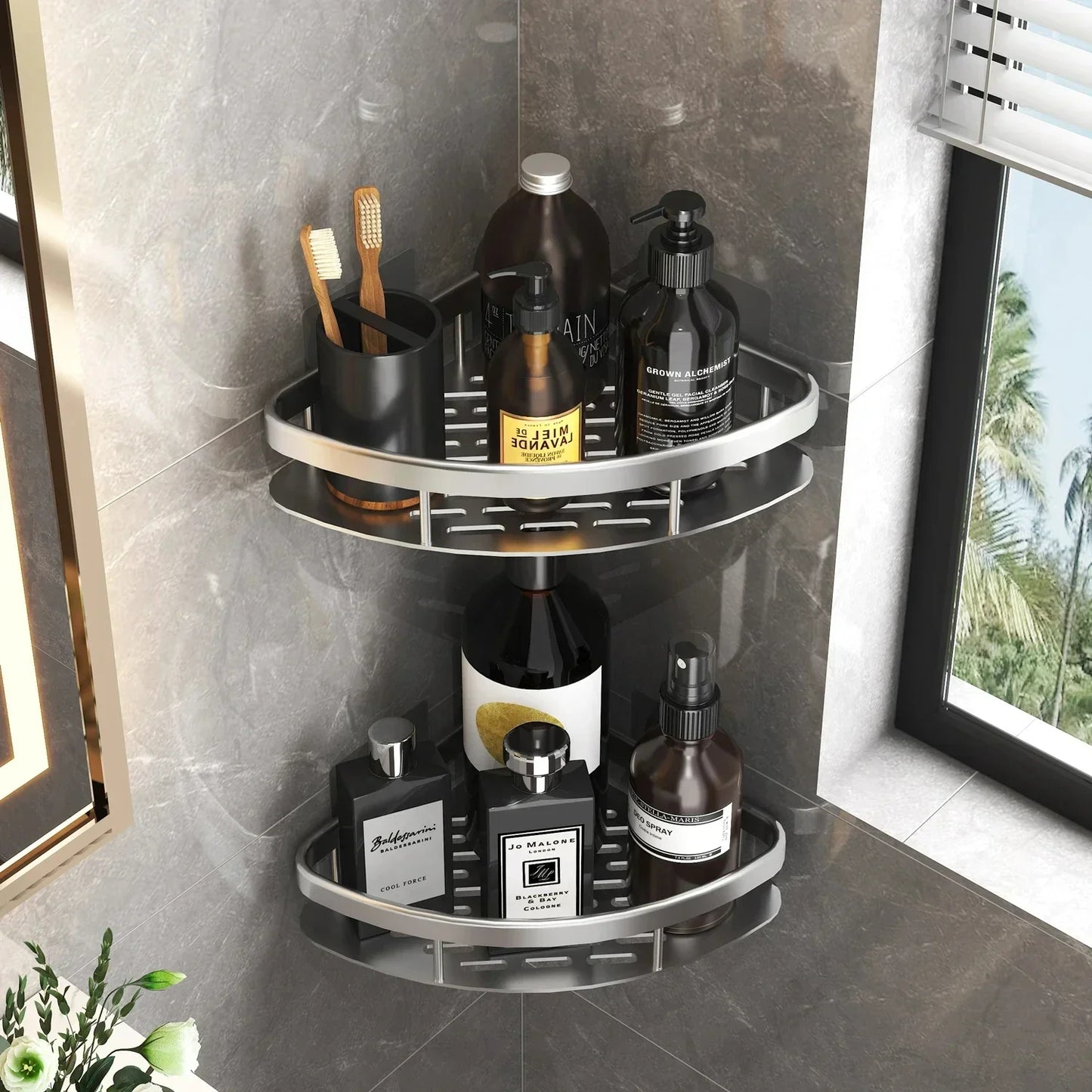 Aluminium Bathroom Corner Rack Shower Organiser Corner Shelf No-Drill Mounting