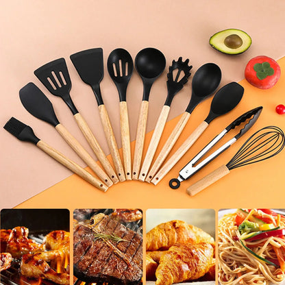 12Pcs/Set Wooden Handle Silicone Kitchen Utensils & Storage bucket