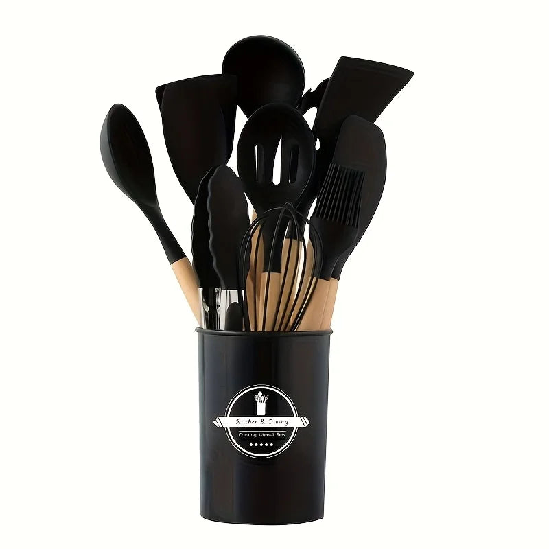 12Pcs/Set Wooden Handle Silicone Kitchen Utensils & Storage bucket