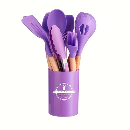12Pcs/Set Wooden Handle Silicone Kitchen Utensils & Storage bucket