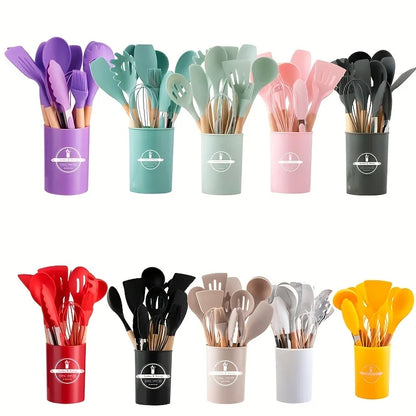 12Pcs/Set Wooden Handle Silicone Kitchen Utensils & Storage bucket