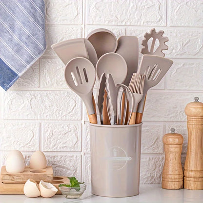 12Pcs/Set Wooden Handle Silicone Kitchen Utensils & Storage bucket