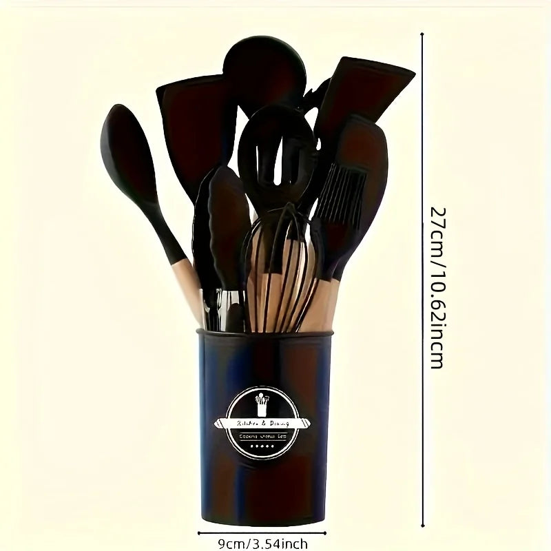 12Pcs/Set Wooden Handle Silicone Kitchen Utensils & Storage bucket