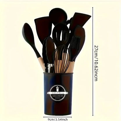12Pcs/Set Wooden Handle Silicone Kitchen Utensils & Storage bucket
