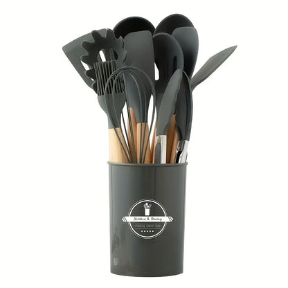 12Pcs/Set Wooden Handle Silicone Kitchen Utensils & Storage bucket