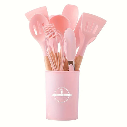 12Pcs/Set Wooden Handle Silicone Kitchen Utensils & Storage bucket