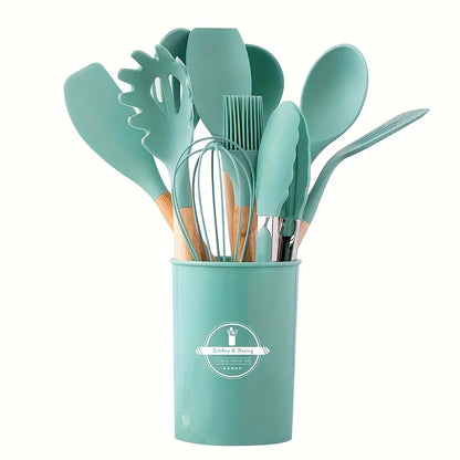 12Pcs/Set Wooden Handle Silicone Kitchen Utensils & Storage bucket
