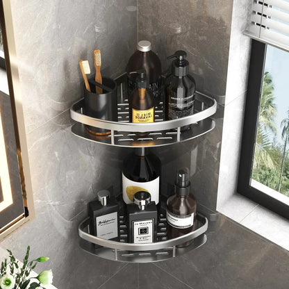 Aluminium Bathroom Corner Rack Shower Organiser Corner Shelf No-Drill Mounting