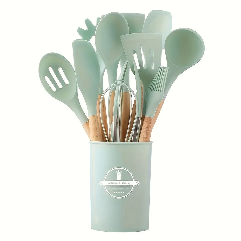 12Pcs/Set Wooden Handle Silicone Kitchen Utensils & Storage bucket